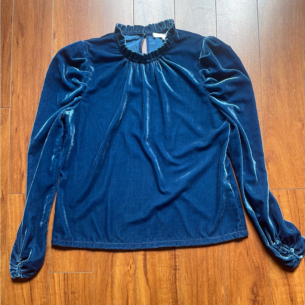 WAYF Erika Puff Sleeve Blue Velvet Top Medium